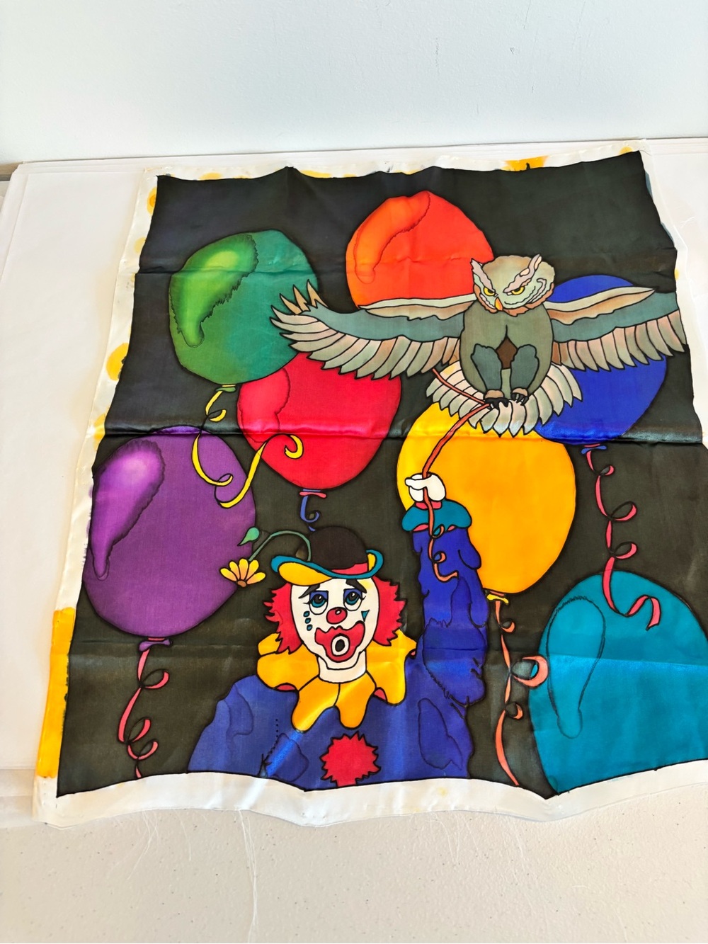 Vintage silk screen fabric piece with Whimsical Clown & Owl Balloon silk scarf